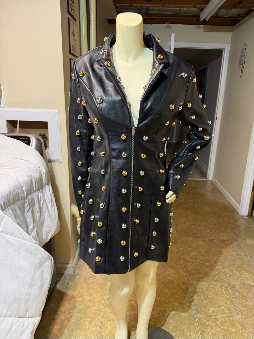 AKIRA Black Leather Studded Long sleeve dress with Gold & Silver Accents